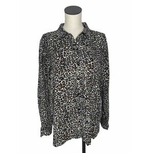 Beach Lunch Lounge Leopard Print Top Button Down Shirt Long Sleeve  XL